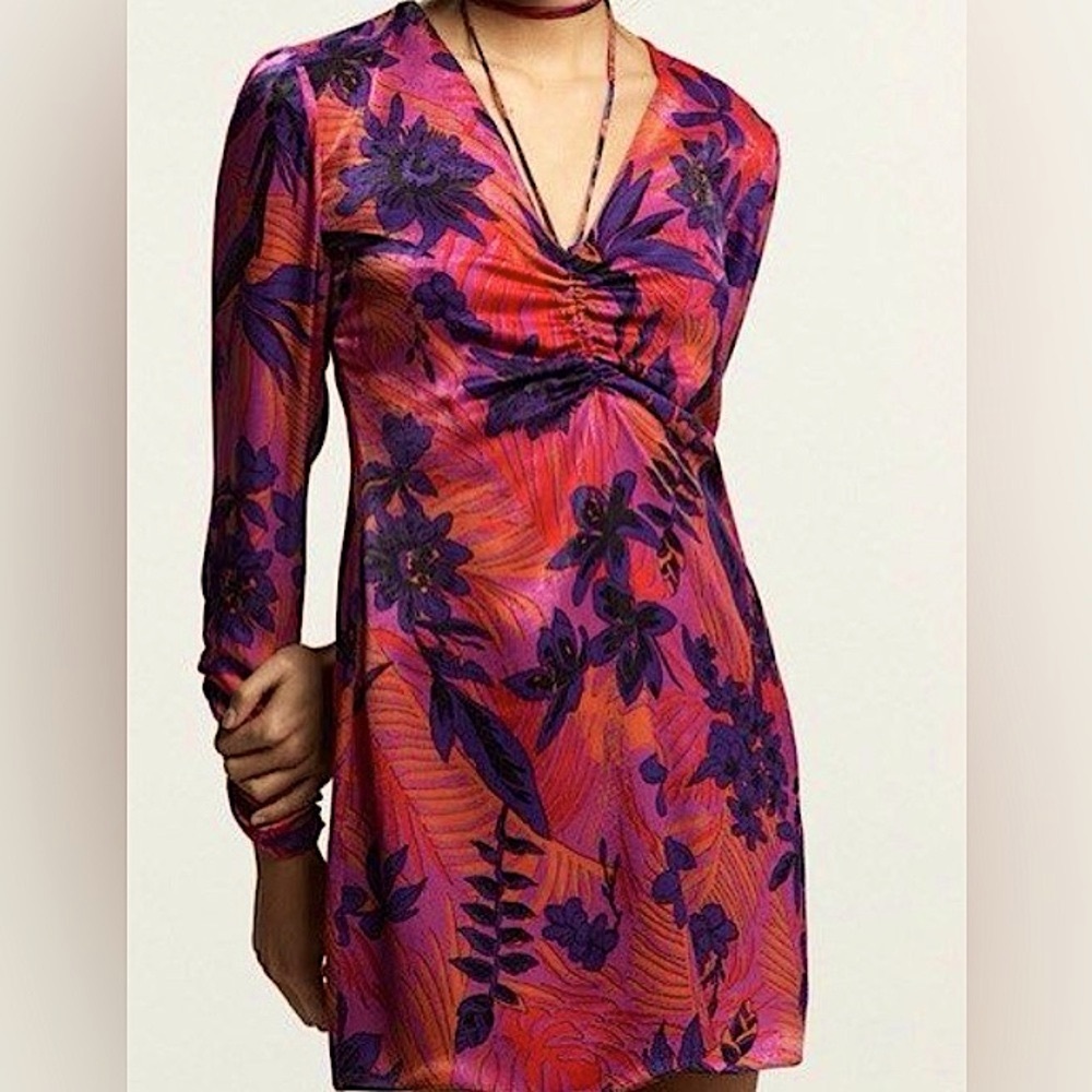 NWOT ZARA FLORAL TIE FRONT LONG SLEEVE MINI DRESS,  SIZE S